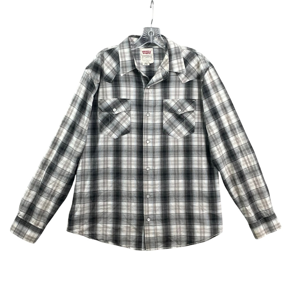 Levi's Western Snap Shirt Womens Large Grey Plaid Cowgirl Rodeo Academia Casual